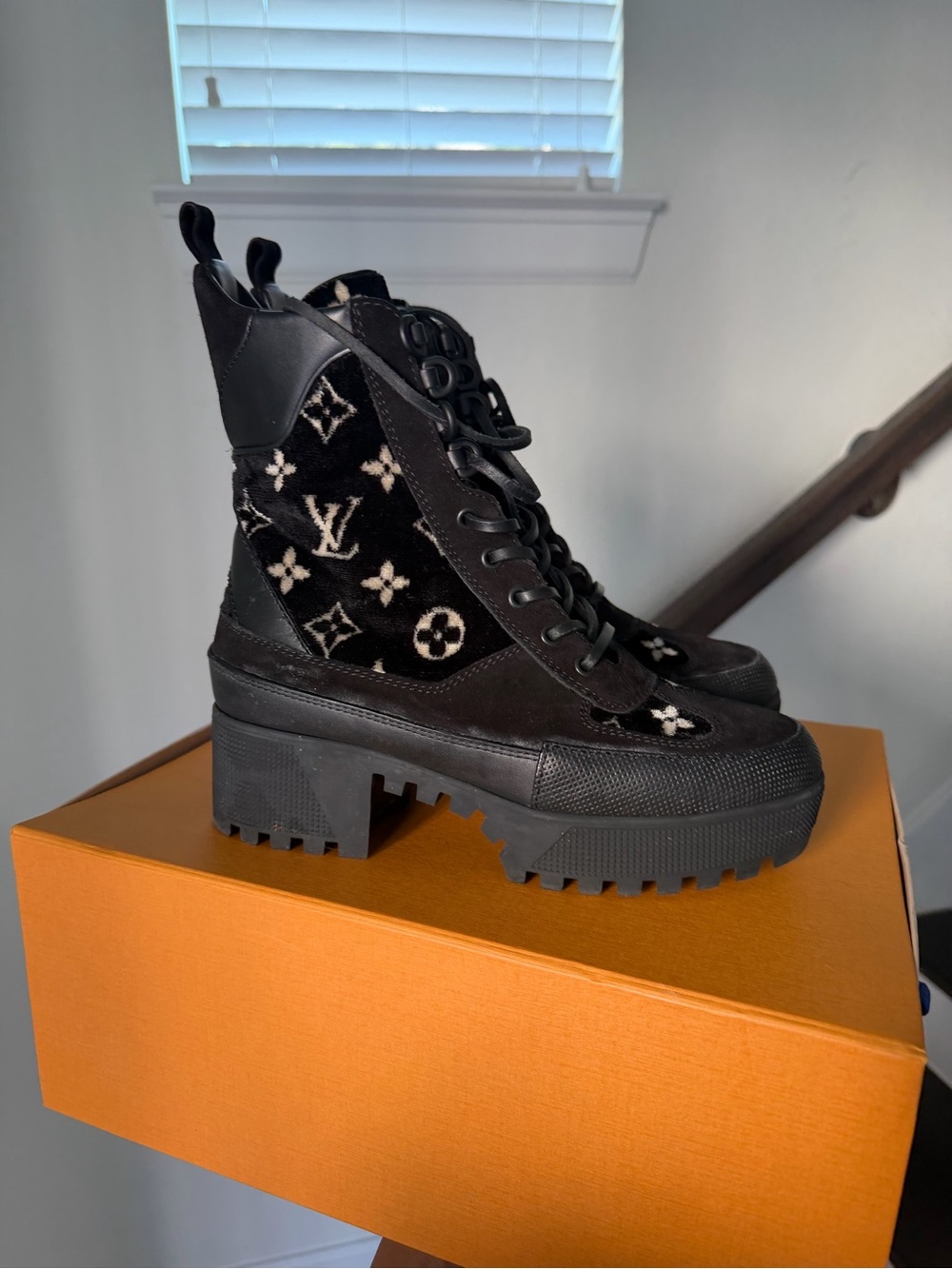 Louis Vuitton Black & Cream Monogram Lace-Up Platform Boots